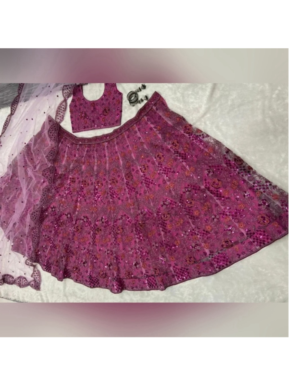 Rose Pink Net Sequins embroidered Flared Style Lehenga Choli - Picture 4 of 8